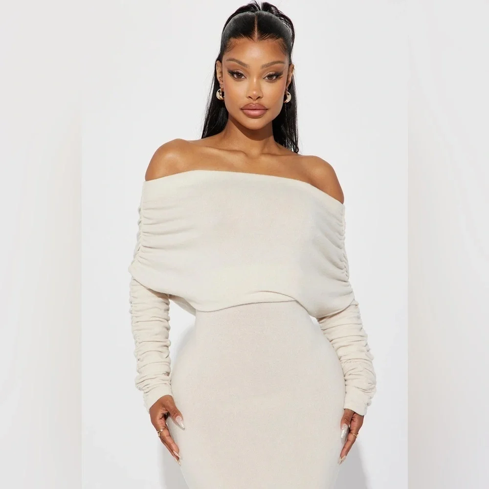 NWOT Fashion Nova Off-Shoulder Cream Jumpsuit